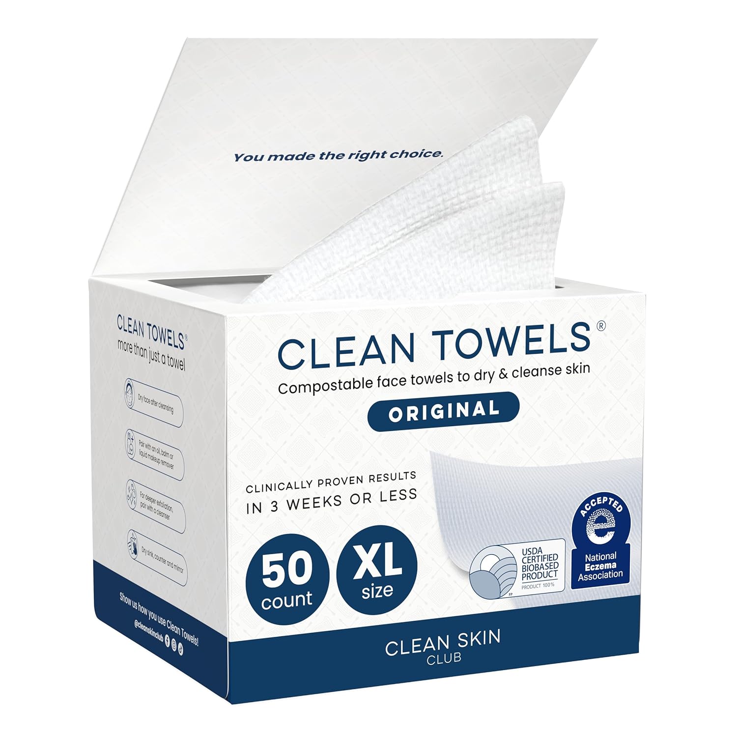 Clean Towels XL® - Ultra Soft, 100% Biobased Disposable Face Towelettes, Eczema Association Approved, Makeup Remover Wipes - 50 Count Pack